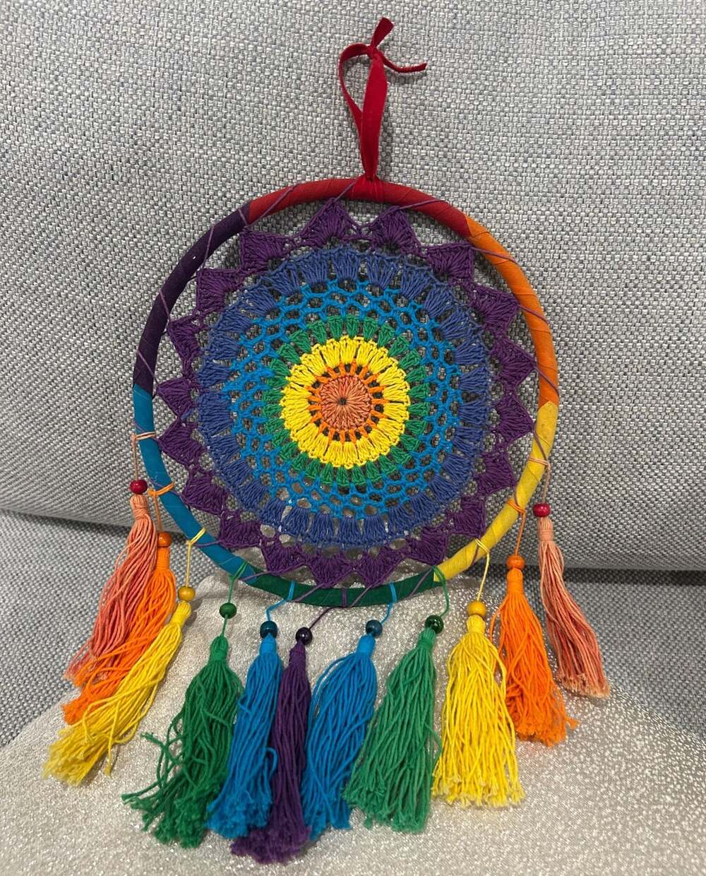 Handmade Rainbow Crochet Dreamcatcher with Tassels and Beads Boho Wall Decor